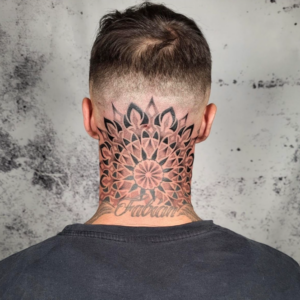 black and grey tattoos dotwork mandala neck tattoo